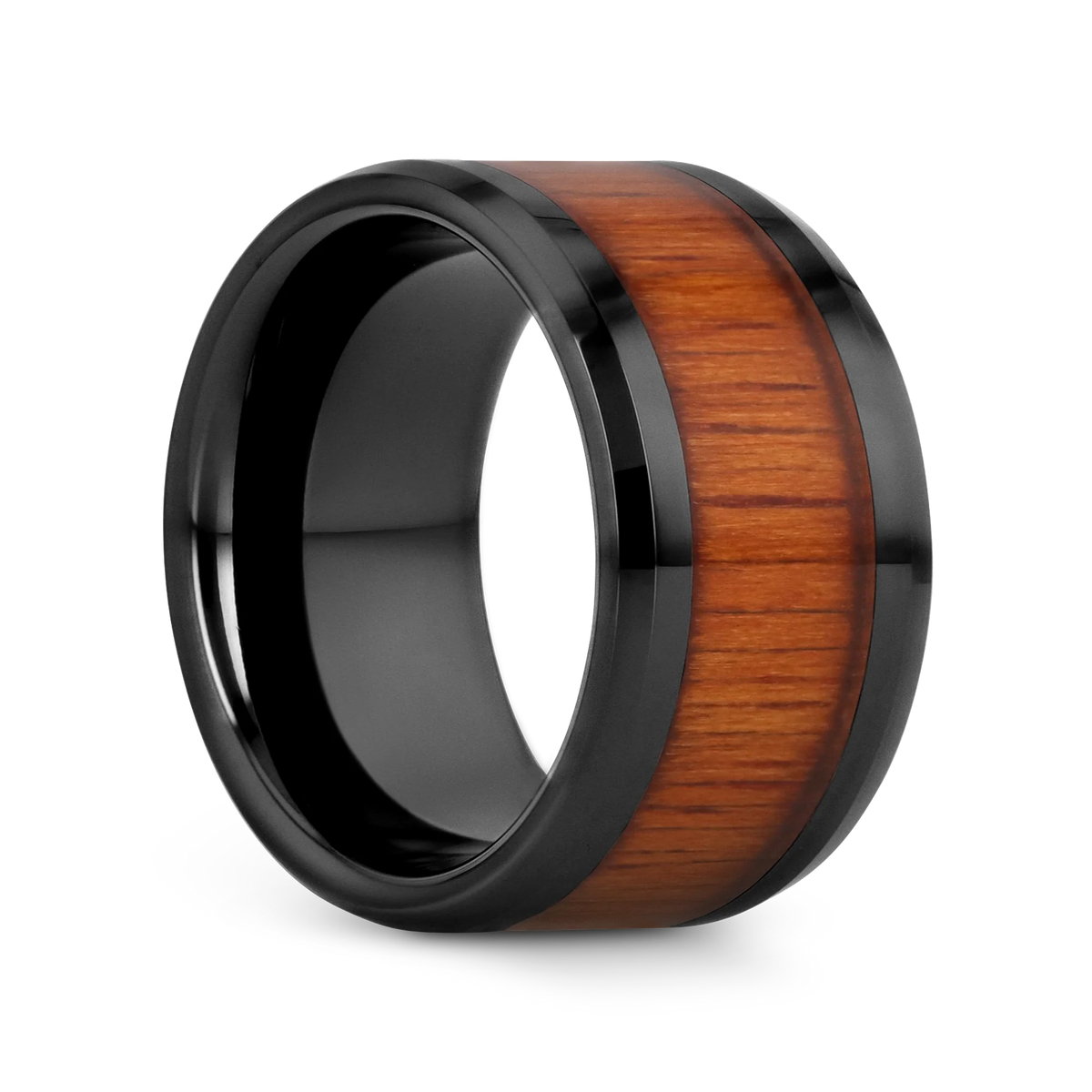 ACACIA Koa Wood Inlaid Black Ceramic Ring with Bevels - 10mm - 12mm
