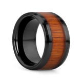 ACACIA Koa Wood Inlaid Black Ceramic Ring with Bevels - 10mm - 12mm