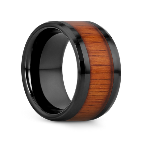 ACACIA Koa Wood Inlaid Black Ceramic Ring with Bevels - 10mm - 12mm