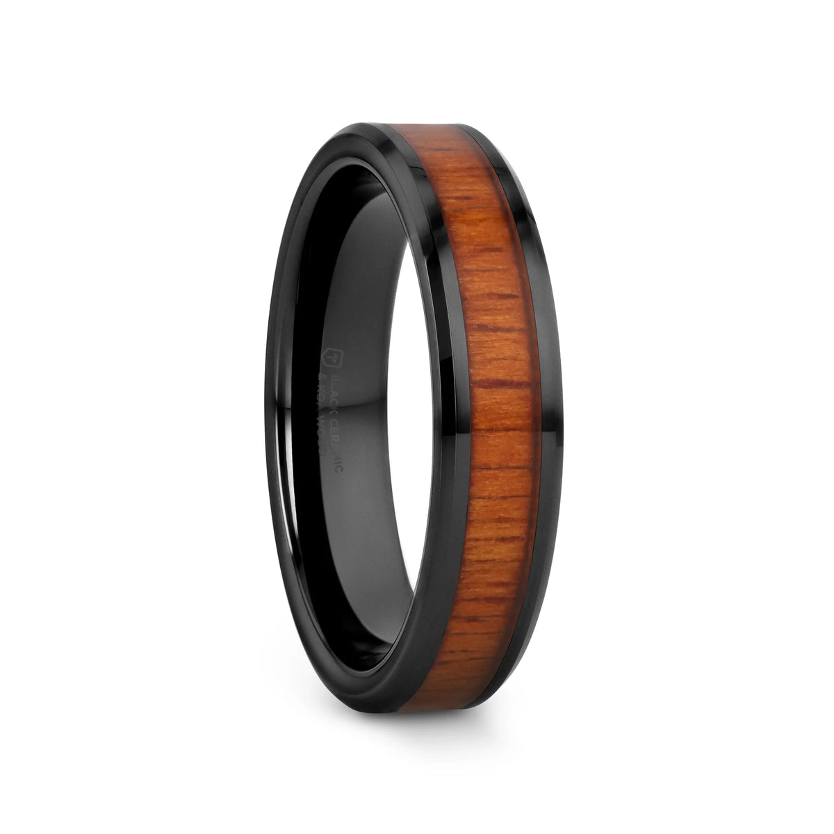 ACACIA Koa Wood Inlaid Black Ceramic Ring with Bevels - 4mm - 8mm