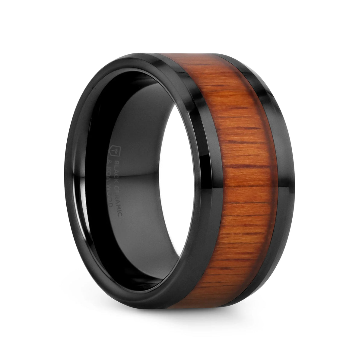 ACACIA Koa Wood Inlaid Black Ceramic Ring with Bevels - 10mm - 12mm