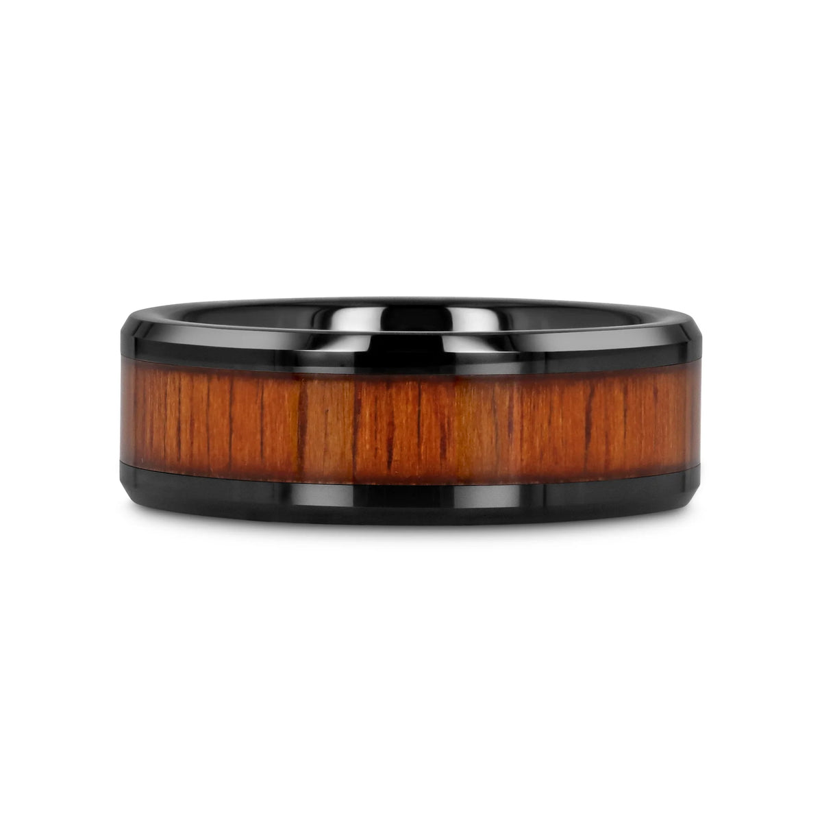 ACACIA Koa Wood Inlaid Black Ceramic Ring with Bevels - 4mm - 8mm