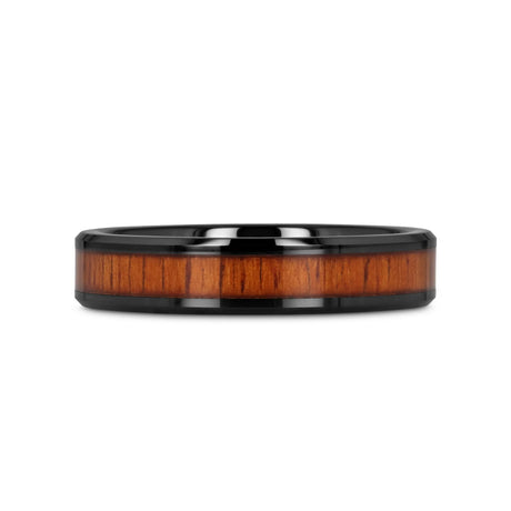 ACACIA Koa Wood Inlaid Black Ceramic Ring with Bevels - 4mm - 8mm
