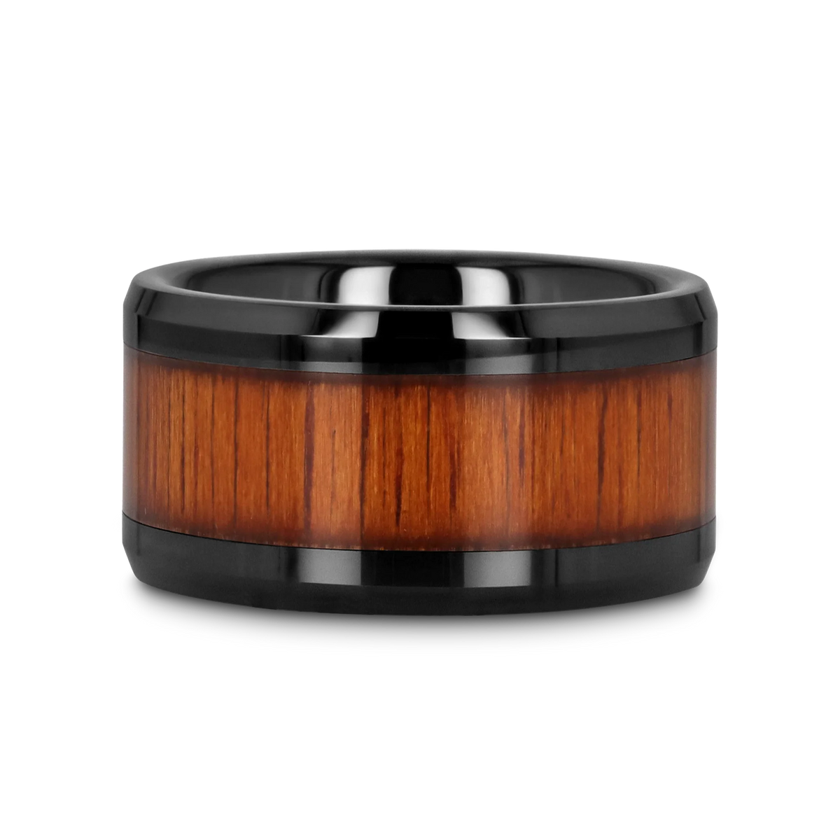 ACACIA Koa Wood Inlaid Black Ceramic Ring with Bevels - 10mm - 12mm