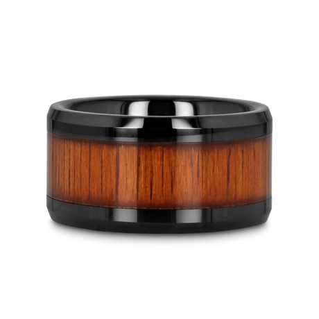 ACACIA Koa Wood Inlaid Black Ceramic Ring with Bevels - 10mm - 12mm
