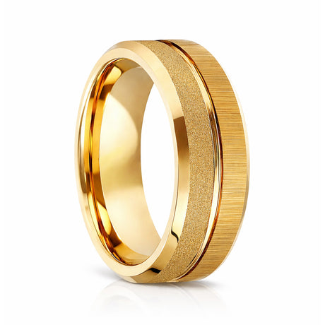 8mm - 14k Gold Tungsten Rings For Men, Wedding Bands, Sandblast Brushed Grooved Ring
