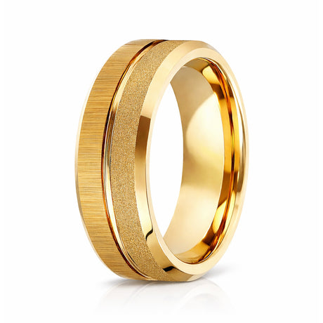 8mm - 14k Gold Tungsten Rings For Men, Wedding Bands, Sandblast Brushed Grooved Ring