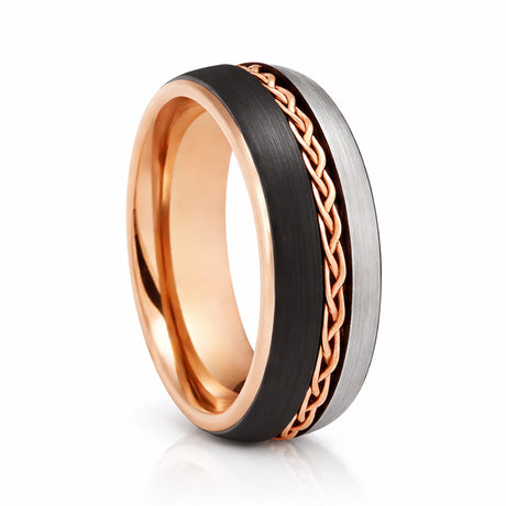 8mm Rose Gold Tungsten Carbide Ring Braid Ring Brushed Black & Gunmetal Center