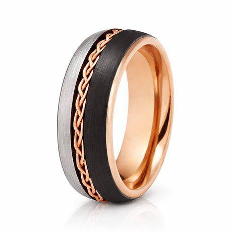 8mm Rose Gold Tungsten Carbide Ring Braid Ring Brushed Black & Gunmetal Center