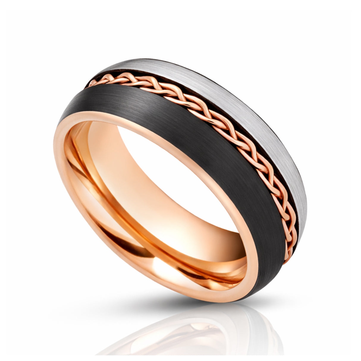 8mm Rose Gold Tungsten Carbide Ring Braid Ring Brushed Black & Gunmetal Center