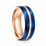 8mm - Rose Gold & Blue Brush Matte Finish Tungsten Carbide Ring Beveled Edge