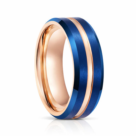 8mm - Rose Gold & Blue Brush Matte Finish Tungsten Carbide Ring Beveled Edge