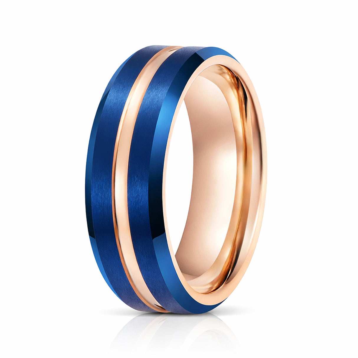 8mm - Rose Gold & Blue Brush Matte Finish Tungsten Carbide Ring Beveled Edge