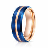 8mm - Rose Gold & Blue Brush Matte Finish Tungsten Carbide Ring Beveled Edge