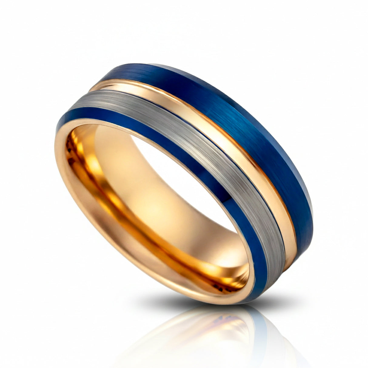 8mm - Rose Gold & Blue half brushed center Brush Matte Finish Tungsten Ring Beveled Edge