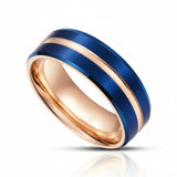 8mm - Rose Gold & Blue Brush Matte Finish Tungsten Carbide Ring Beveled Edge