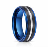 8mm Blue Tungsten Carbide Ring W/ Black Brush & Silver Center Groove