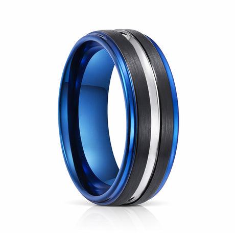 8mm Blue Tungsten Carbide Ring W/ Black Brush & Silver Center Groove