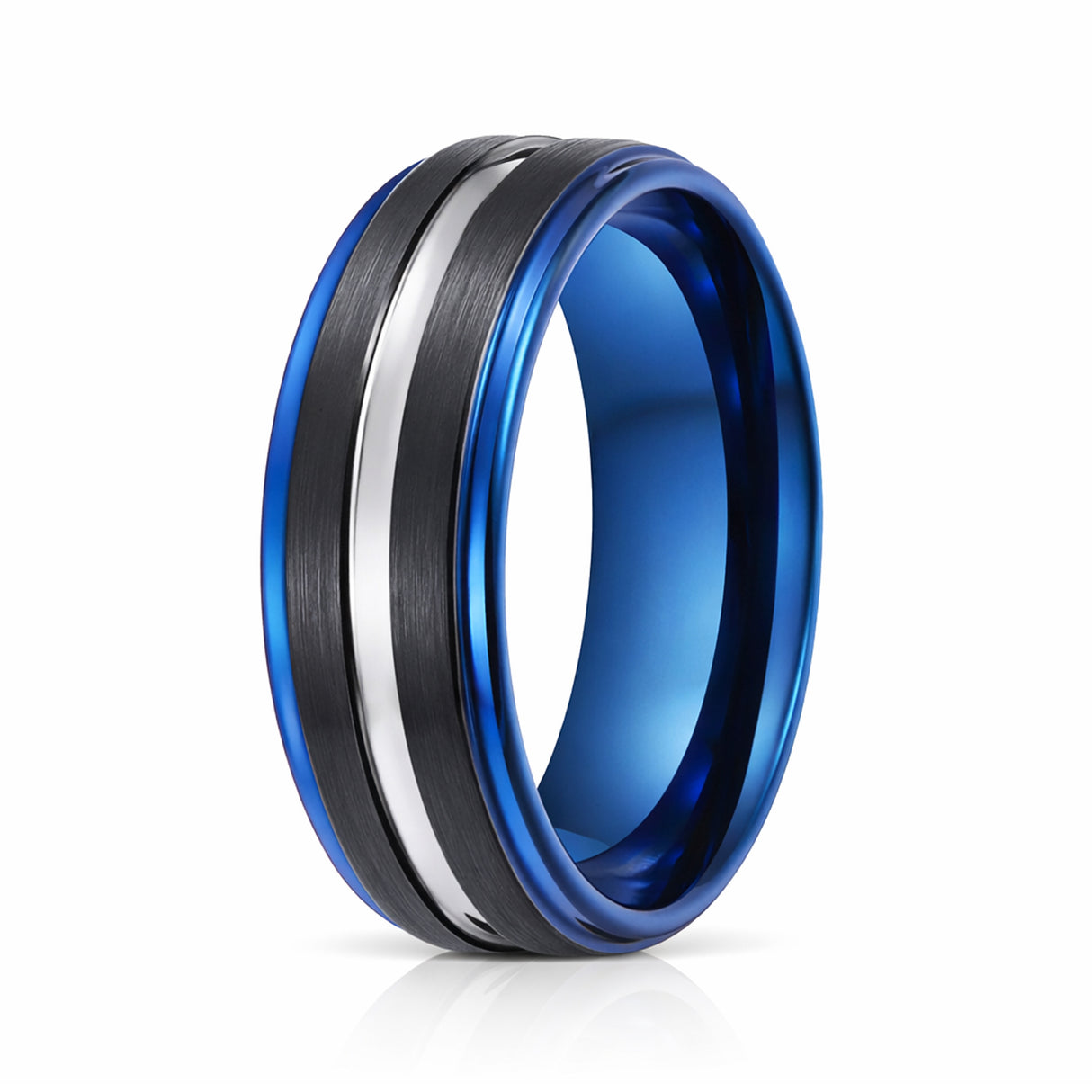 8mm Blue Tungsten Carbide Ring W/ Black Brush & Silver Center Groove