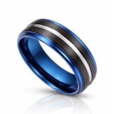 8mm Blue Tungsten Carbide Ring W/ Black Brush & Silver Center Groove