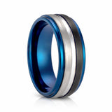 8mm Blue Tungsten Carbide Ring W/ half Black Brush & Silver Center Groove