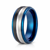 8mm Blue Tungsten Carbide Ring W/ half Black Brush & Silver Center Groove