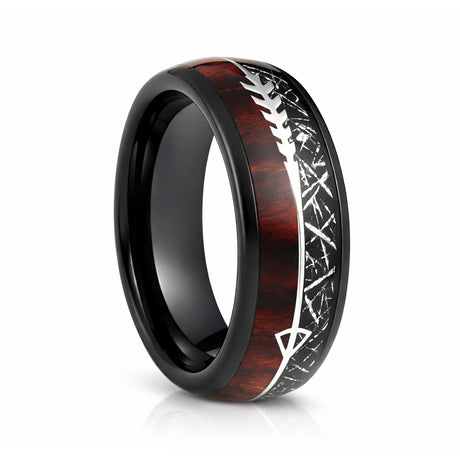 8mm Tungsten Carbide Meteorite Wedding Band, Koa Wood Ring, Arrow Ring