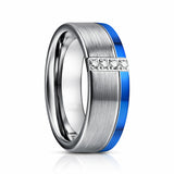 8mm - Silver Tungsten Wedding Ring with Blue Edge with 4 Cubic Zircon Diamonds