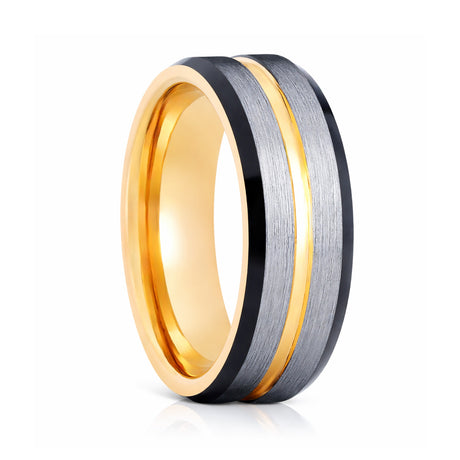 8mm- Gold Tungsten Carbide Wedding Ring w/ Brushed Center w/ black beveled edges