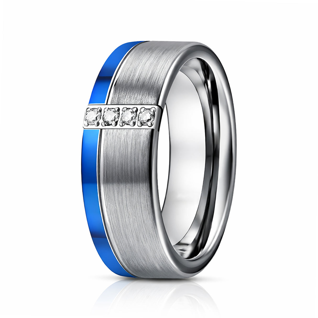 8mm - Silver Tungsten Wedding Ring with Blue Edge with 4 Cubic Zircon Diamonds