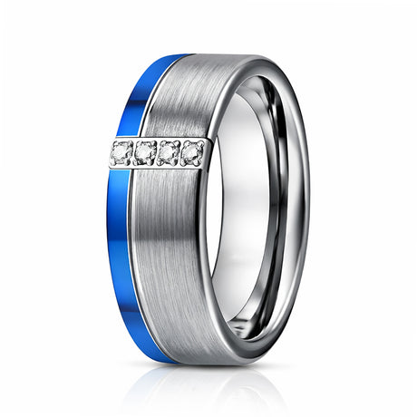 8mm - Silver Tungsten Wedding Ring with Blue Edge with 4 Cubic Zircon Diamonds