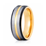 8mm- Gold Tungsten Carbide Wedding Ring w/ Brushed Center w/ black beveled edges