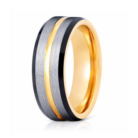8mm- Gold Tungsten Carbide Wedding Ring w/ Brushed Center w/ black beveled edges