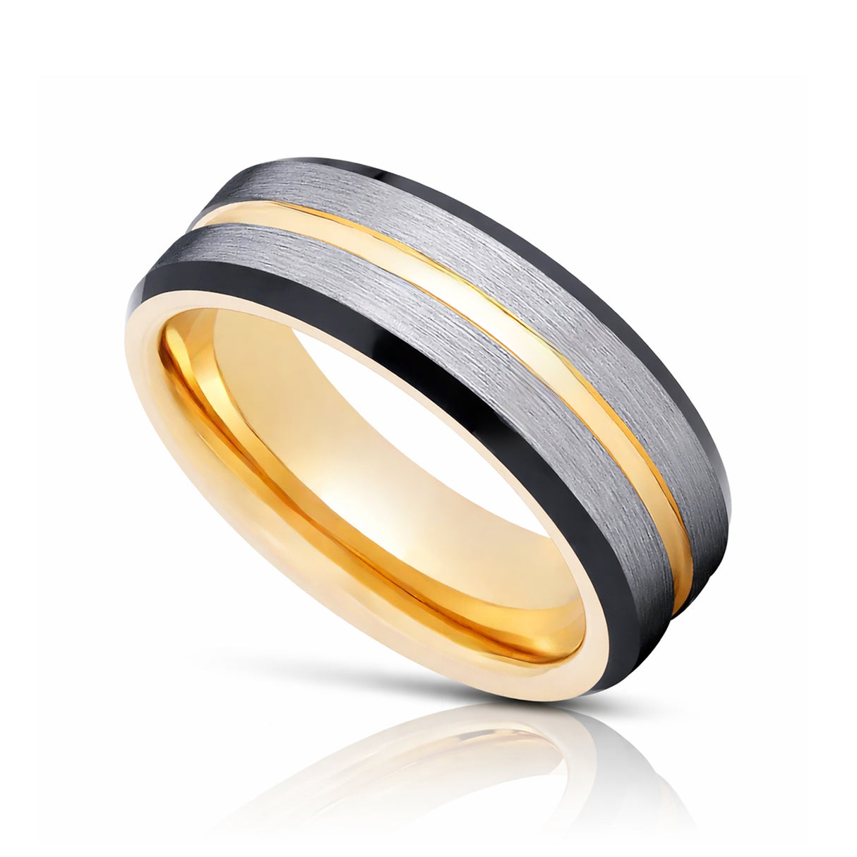 8mm- Gold Tungsten Carbide Wedding Ring w/ Brushed Center w/ black beveled edges