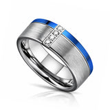8mm - Silver Tungsten Wedding Ring with Blue Edge with 4 Cubic Zircon Diamonds