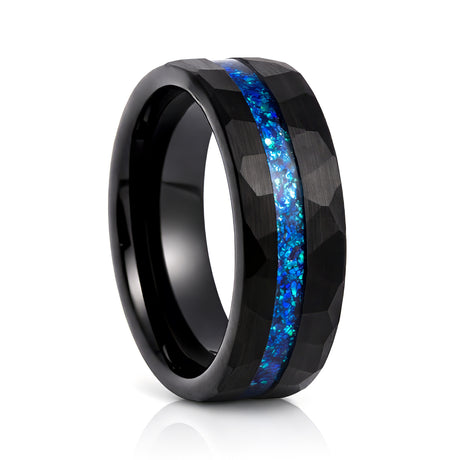 8mm - Black Tungsten Ring, Blue Opal Hammered wedding Ring, Brushed Finish