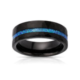 8mm - Black Tungsten Ring, Blue Opal Hammered wedding Ring, Brushed Finish