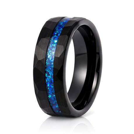 8mm - Black Tungsten Ring, Blue Opal Hammered wedding Ring, Brushed Finish