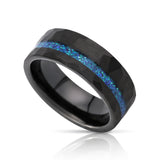 8mm - Black Tungsten Ring, Blue Opal Hammered wedding Ring, Brushed Finish