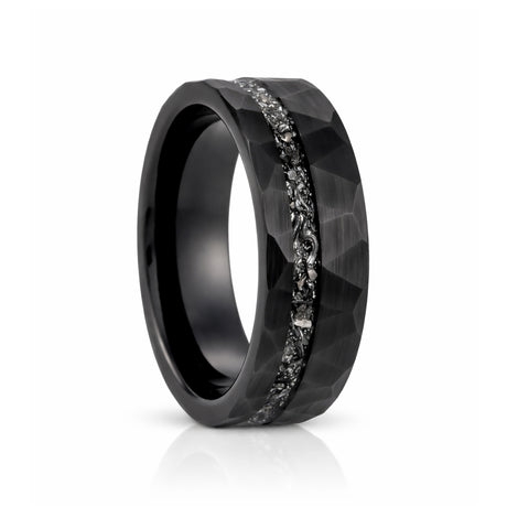 8mm - Black Tungsten Ring, Black Meteorite Hammered wedding Ring, Brushed Finish