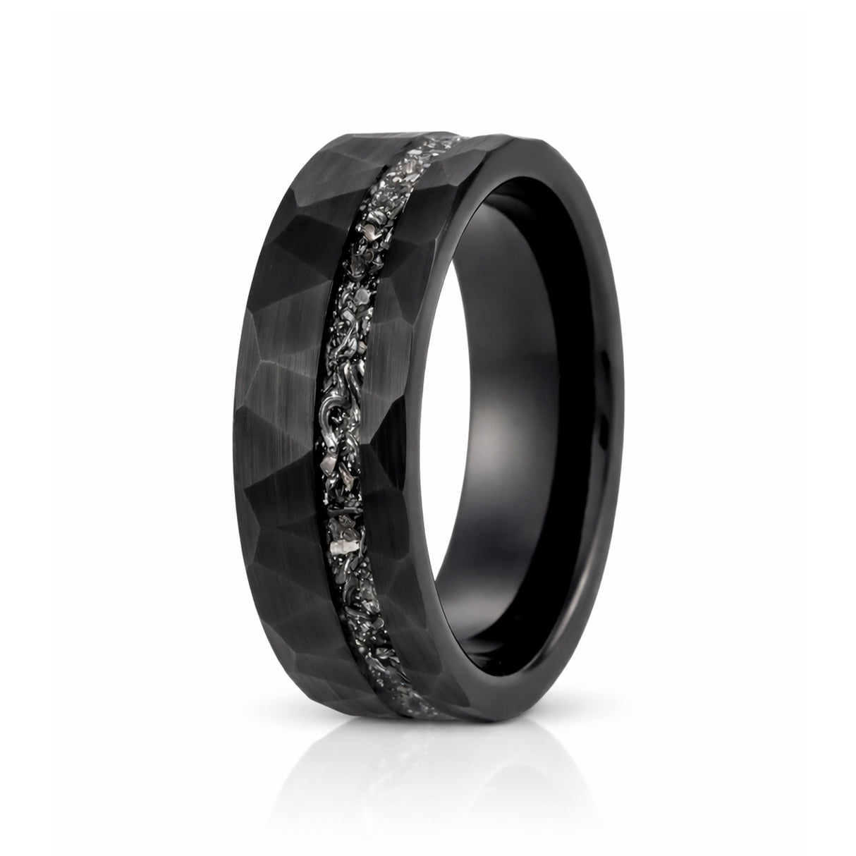 8mm - Black Tungsten Ring, Black Meteorite Hammered wedding Ring, Brushed Finish