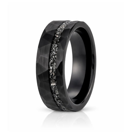 8mm - Black Tungsten Ring, Black Meteorite Hammered wedding Ring, Brushed Finish