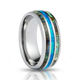 8mm Tungsten Carbide Wedding Ring with Blue Opal and Abalone Shell Inlay Dome Style High Polished Comfort Fit Size