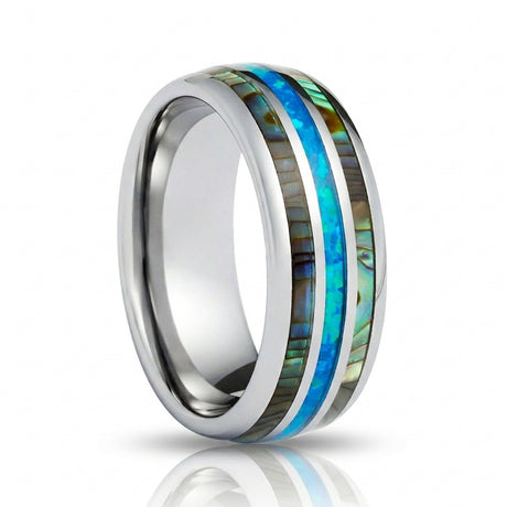 8mm Tungsten Carbide Wedding Ring with Blue Opal and Abalone Shell Inlay Dome Style High Polished Comfort Fit Size