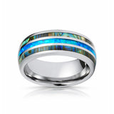 8mm Tungsten Carbide Wedding Ring with Blue Opal and Abalone Shell Inlay Dome Style High Polished Comfort Fit Size