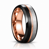 8MM - Black & Rose Gold Tungsten Ring Matte Finish Brushed Laser Horizontal Grain