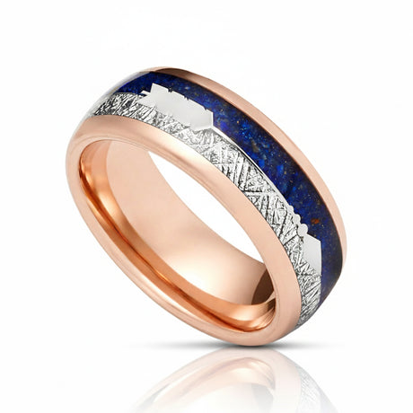 6mm- ROSE GOLD TUNGSTEN ARROW RING W/ BLUE LAPIS LAZULI, FAUX METEORITE,