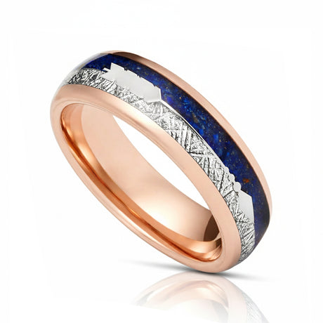 8mm- ROSE GOLD TUNGSTEN ARROW RING W/ BLUE LAPIS LAZULI, FAUX METEORITE,
