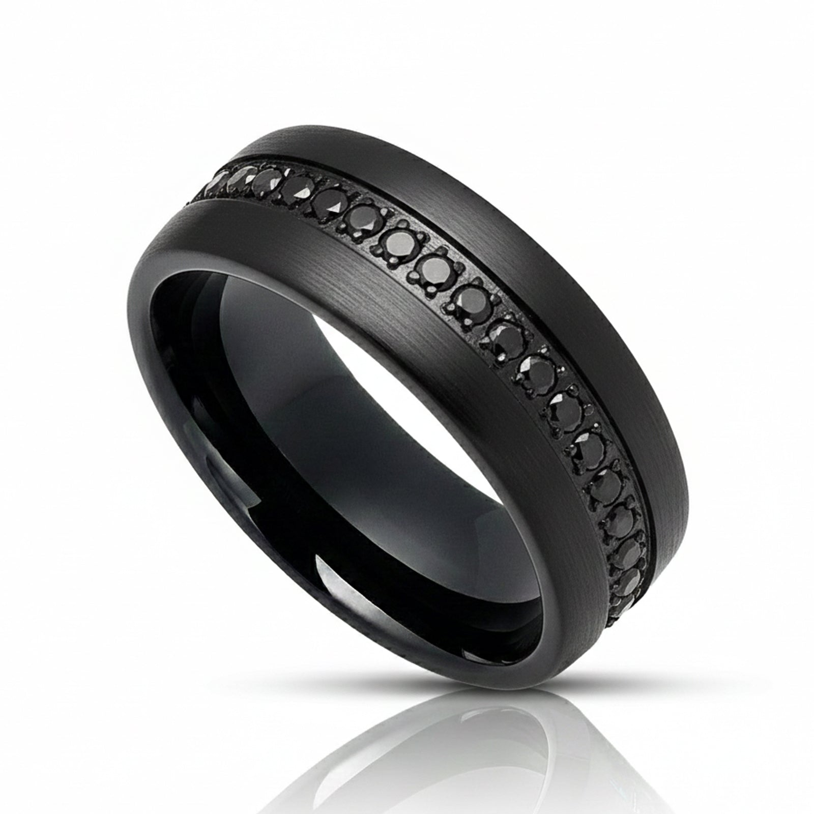 8mm Black Tungsten Wedding Band with Black Sapphires