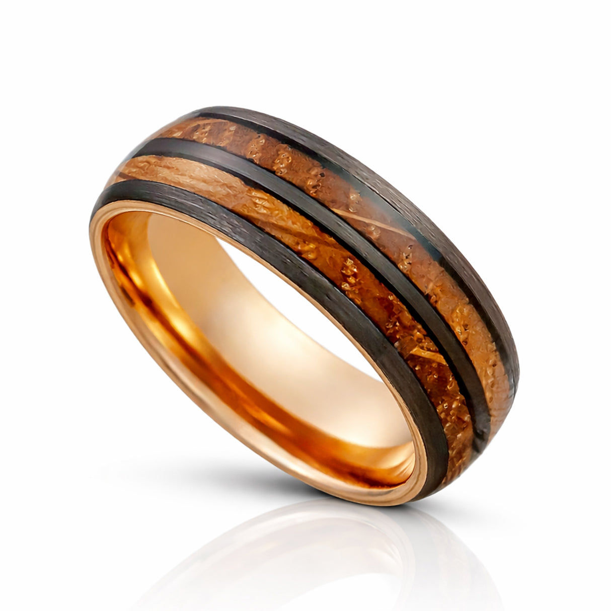 8mm Tungsten Double Barrel Wood Ring Rose Gold & Black Tungsten Ring